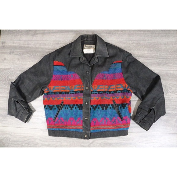 Womens Aztec Denim Pioneer Wear Jacket Coat Black Southwestern Made USA Sz M - Picture 1 of 6